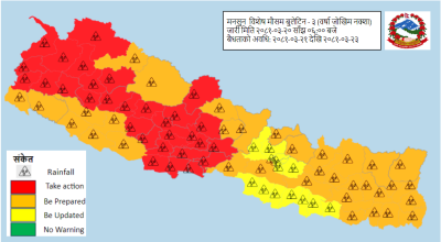 कोशी, मधेश, गण्डकी, लुम्बिनी र सुदूरपश्चिमका केही स्थानमा भारी वर्षाको चेतावनी